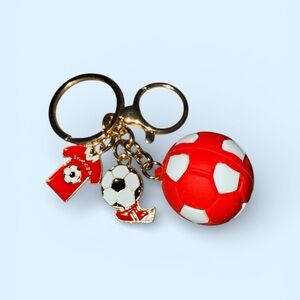 Mint Red and White Soccer Ball with Multiple Charm in Gold Tone Keychain